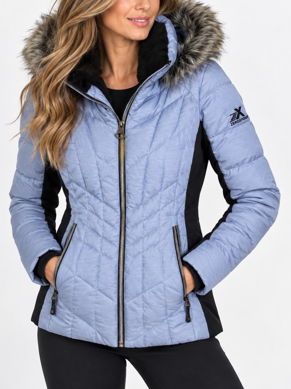 ZeroXposur Puffer Jacket Faux Fur Hood Ski Blue Black Size Small NWOT